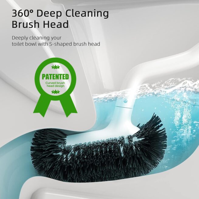 HAMITOR Toilet Bowl Brush Holder Set: Deep Cleaning Scrubber with Curved Bristle - White