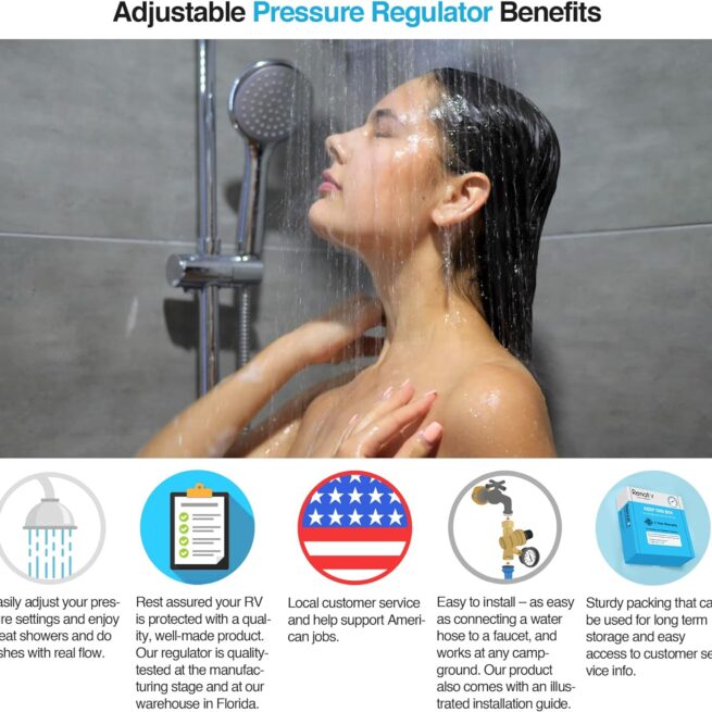 Brass RV Water Pressure Regulator with Gauge - Lead-free Adjustable Valve for Camper