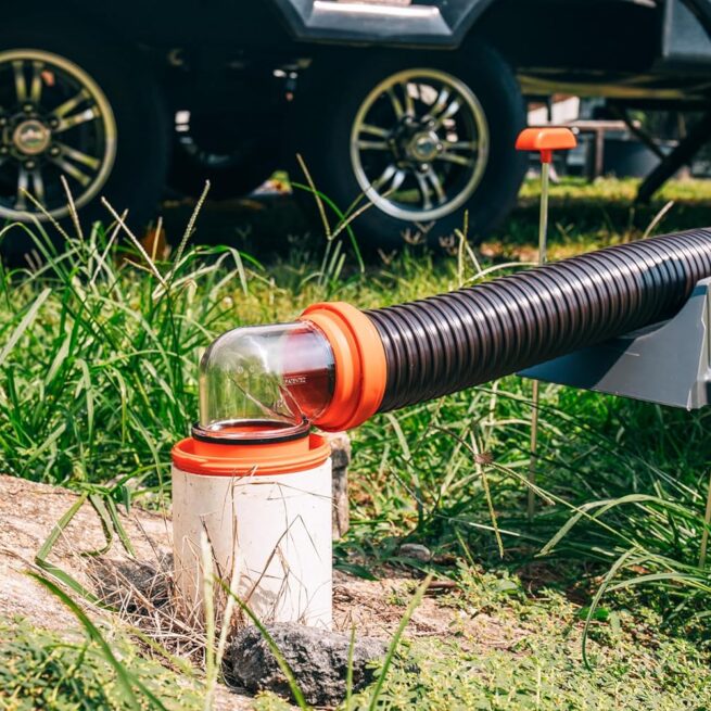 Camco RhinoFLEX 20-Ft RV Sewer Hose Kit | Clear Elbow, 4-in-1 Adapter