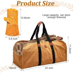 Buryeah 2-Piece Firewood Carrier & Welding Gloves: Canvas Log Tote, Heat-Resistant Leather
