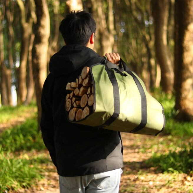 Canvas Firewood Carrier Bag | Log Tote for Fireplace & Camping (Army Green)
