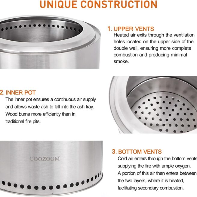 19" Stainless Steel Fire Pit with Stand - Portable, Smokeless Bonfire for Patio and Camping