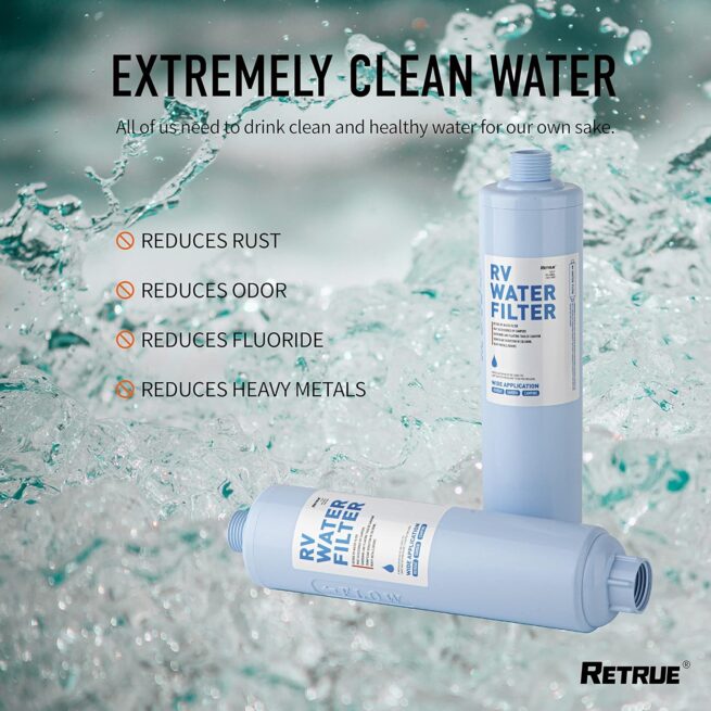 RV Water Filter: Flexible Hose Protector, Reduces Taste, Odors, Chlorine, Sediment (4-Pack)