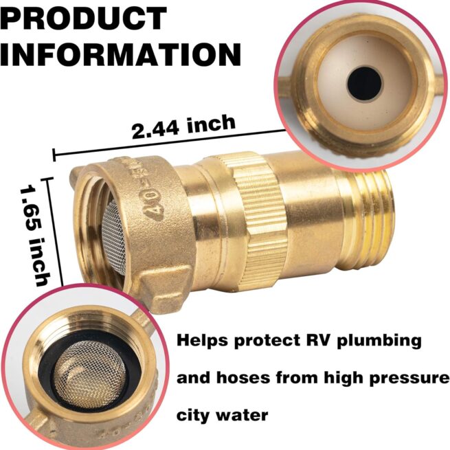 Hourleey Brass RV Water Pressure Regulator | Lead-Free, Filter Screen | 40-50 PSI