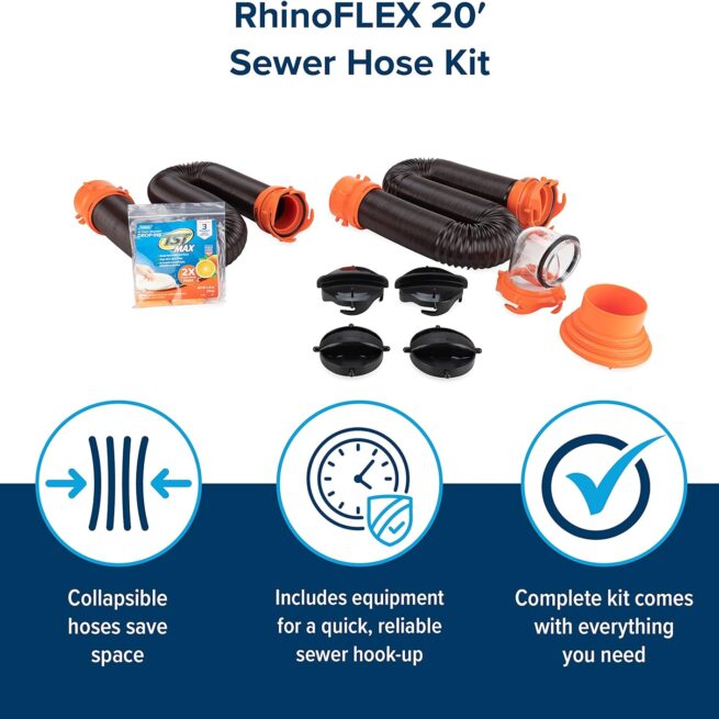 Camco RhinoFLEX 20-Ft RV Sewer Hose Kit | Clear Elbow, 4-in-1 Adapter