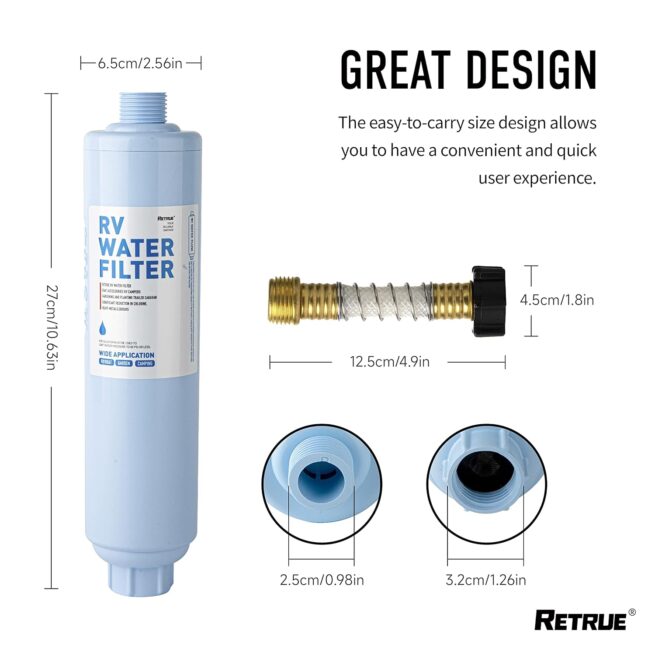 RV Water Filter: Flexible Hose Protector, Reduces Taste, Odors, Chlorine, Sediment (4-Pack)