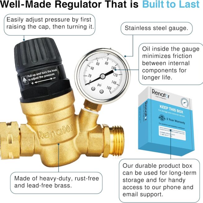 Adjustable Brass RV Water Pressure Regulator with Gauge | Lead-free | M22-0660R