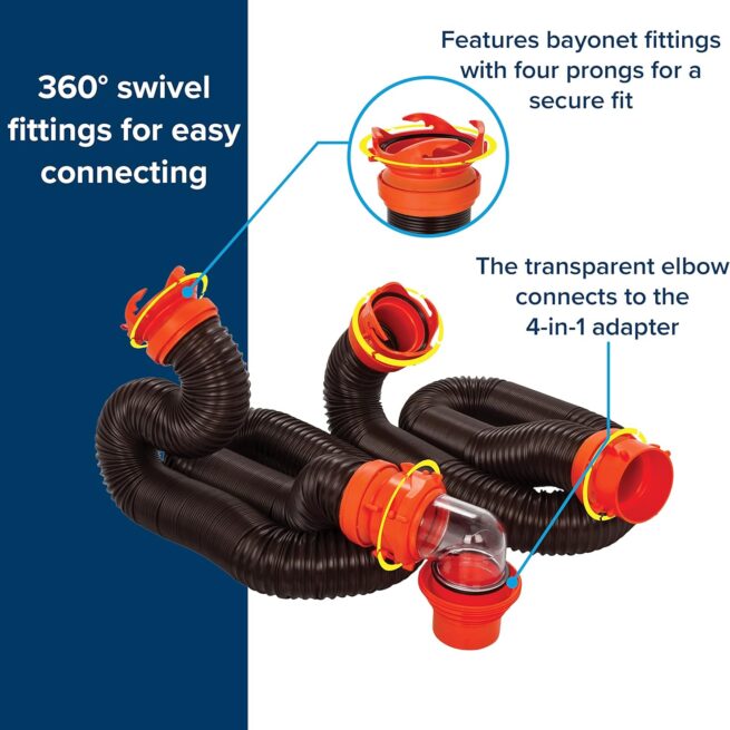 Camco RhinoFLEX 20-Ft RV Sewer Hose Kit | Clear Elbow, 4-in-1 Adapter