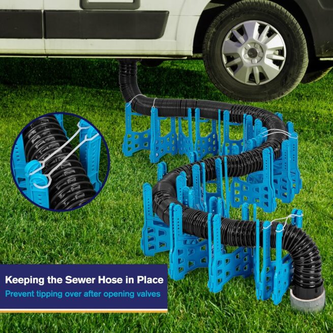 Adjustable 10FT RV Sewer Hose Support: Deep Cradles, Secure Rubber Band | Easy to Use