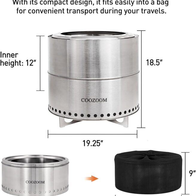 19" Stainless Steel Fire Pit with Stand - Portable, Smokeless Bonfire for Patio and Camping