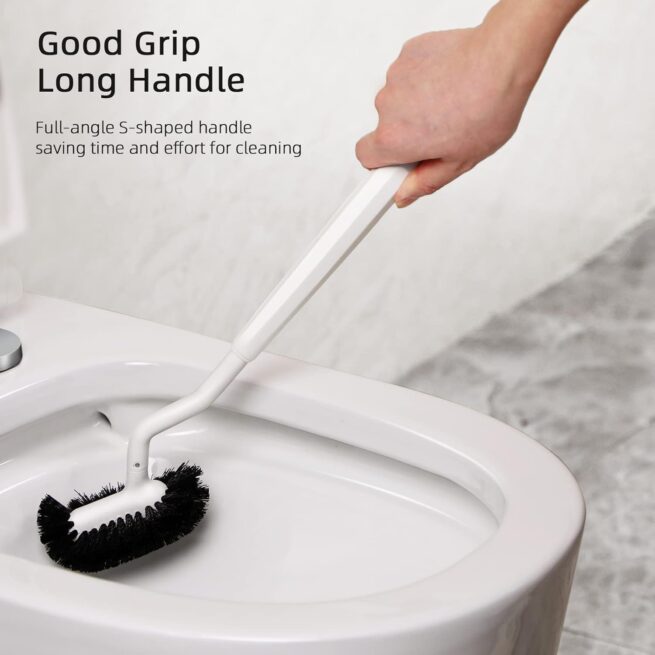 HAMITOR Toilet Bowl Brush Holder Set: Deep Cleaning Scrubber with Curved Bristle - White