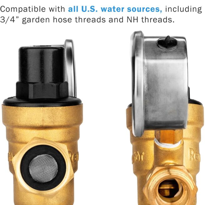 Brass RV Water Pressure Regulator with Gauge - Lead-free Adjustable Valve for Camper