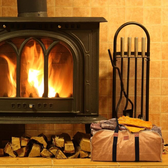 Buryeah 2-Piece Firewood Carrier & Welding Gloves: Canvas Log Tote, Heat-Resistant Leather