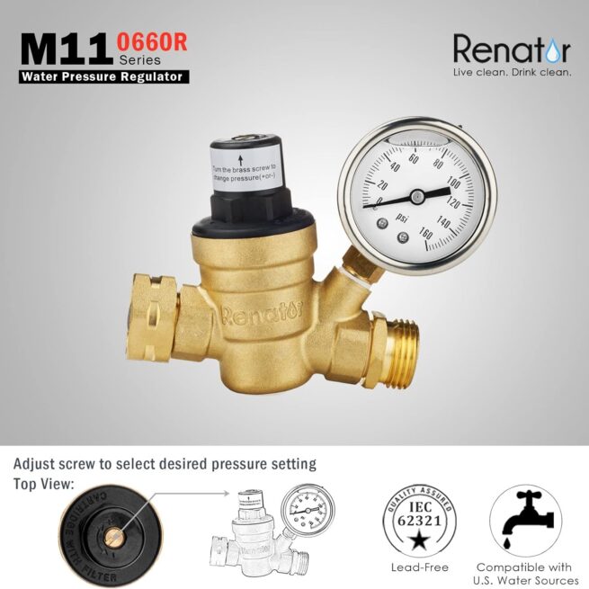 Brass RV Water Pressure Regulator with Gauge - Lead-free Adjustable Valve for Camper