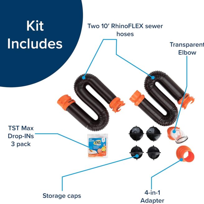 Camco RhinoFLEX 20-Ft RV Sewer Hose Kit | Clear Elbow, 4-in-1 Adapter