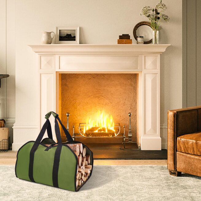 Canvas Firewood Carrier Bag | Log Tote for Fireplace & Camping (Army Green)