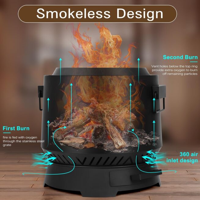 Portable 20'' Smokeless Fire Pit with Cooking Grill for Outdoor Use