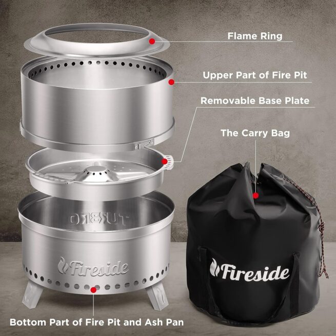 TURBRO 19" Smokeless Fire Pit: Stainless Steel Camping Stove with Stand & Ash Pan