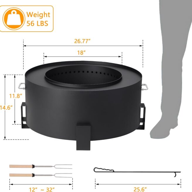 27" Smokeless Fire Pit: Portable Steel Bonfire for Outdoors - Black