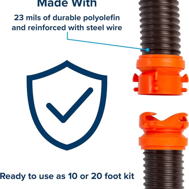 Camco RhinoFLEX 20-Ft RV Sewer Hose Kit | Clear Elbow, 4-in-1 Adapter