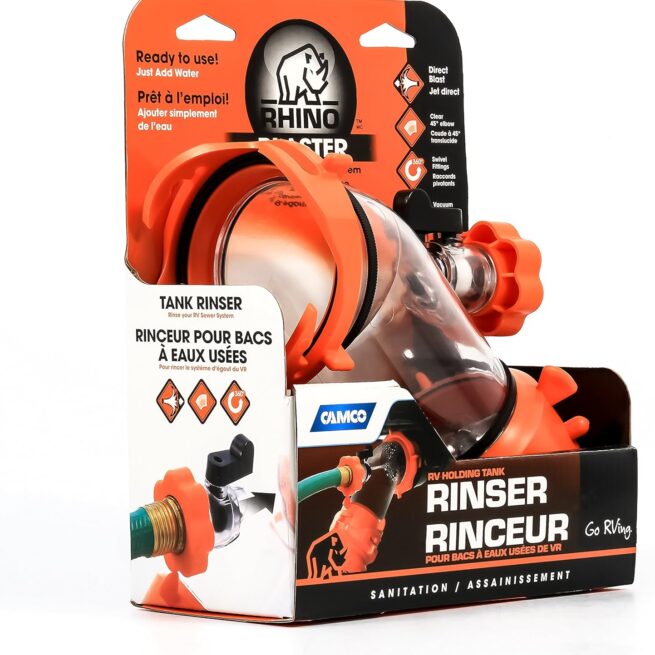Camco Rhino Blaster RV Tank Rinser | Vacuum Breaker, Clear 45° Elbow, 360° Swivel Fittings