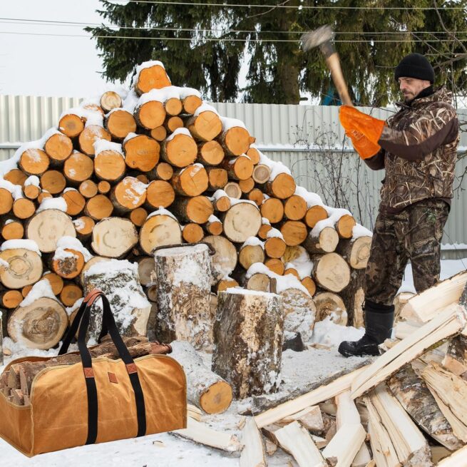 Buryeah 2-Piece Firewood Carrier & Welding Gloves: Canvas Log Tote, Heat-Resistant Leather
