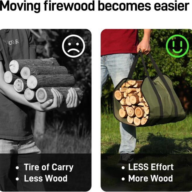 Canvas Firewood Carrier Bag | Log Tote for Fireplace & Camping (Army Green)