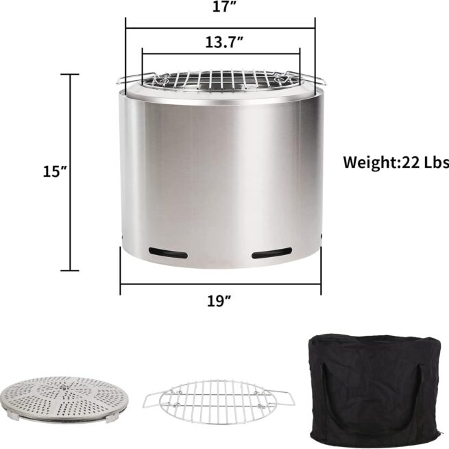 Hykolity 19" Stainless Steel Fire Pit with Cooking Grate & Removable Ash Pan