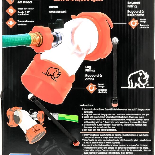 Camco Rhino Blaster RV Tank Rinser | Vacuum Breaker, Clear 45° Elbow, 360° Swivel Fittings
