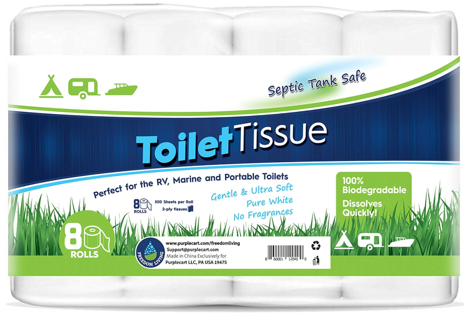 Biodegradable RV Toilet Paper: 2-Ply, 8 Rolls, 500 Sheets - Septic Tank Safe