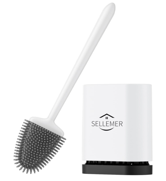 Sellemer Toilet Brush Set: Flexible Silicone Bristles, Compact Design, Ventilated Base | White (1 Pack)