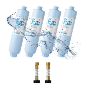 RV Water Filter: Flexible Hose Protector, Reduces Taste, Odors, Chlorine, Sediment (4-Pack)