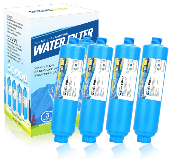 NSF Certified RV Inline Water Filter, 20 Microns, Reduces Bad Taste & Odors, Chlorine - 4 Pack