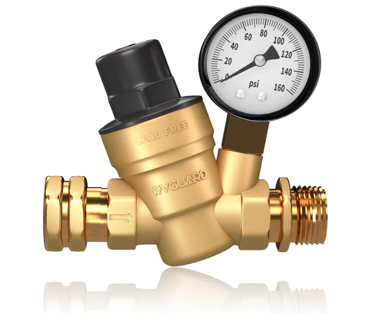 RV Water Pressure Regulator Valve - Brass, Lead-Free, Adjustable with Gauge