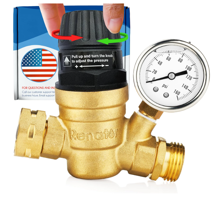 Adjustable Brass RV Water Pressure Regulator with Gauge | Lead-free | M22-0660R