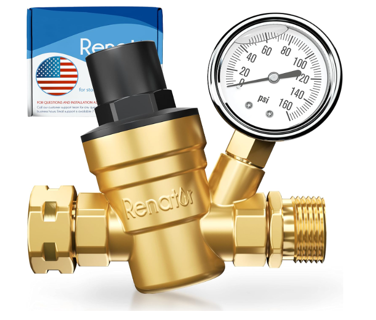 Brass RV Water Pressure Regulator with Gauge - Lead-free Adjustable Valve for Camper