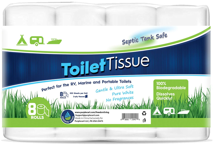 Biodegradable RV Toilet Paper: 2-Ply, 8 Rolls (500 sheets) - Septic Tank Safe