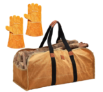 Buryeah 2-Piece Firewood Carrier & Welding Gloves: Canvas Log Tote, Heat-Resistant Leather