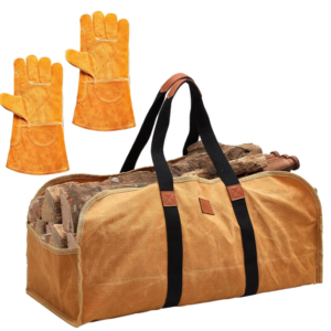 Buryeah 2-Piece Firewood Carrier & Welding Gloves: Canvas Log Tote, Heat-Resistant Leather