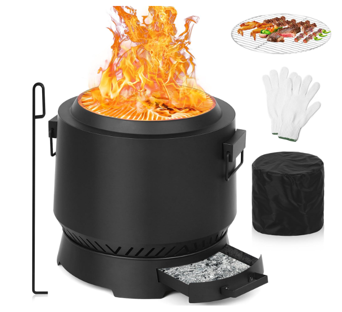 Portable 20'' Smokeless Fire Pit with Cooking Grill for Outdoor Use