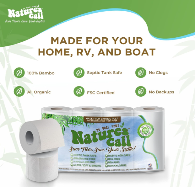 Nature's Call Bamboo Toilet Paper - Soft 2-Ply RV, Boat, Home Use (8 Rolls)