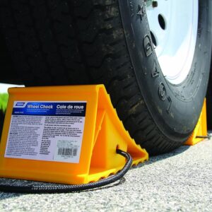 Camco Wheel Chock w/ Rope: Secure Trailer/RV, Easy Removal, Pack of 2 - 44471, Yellow