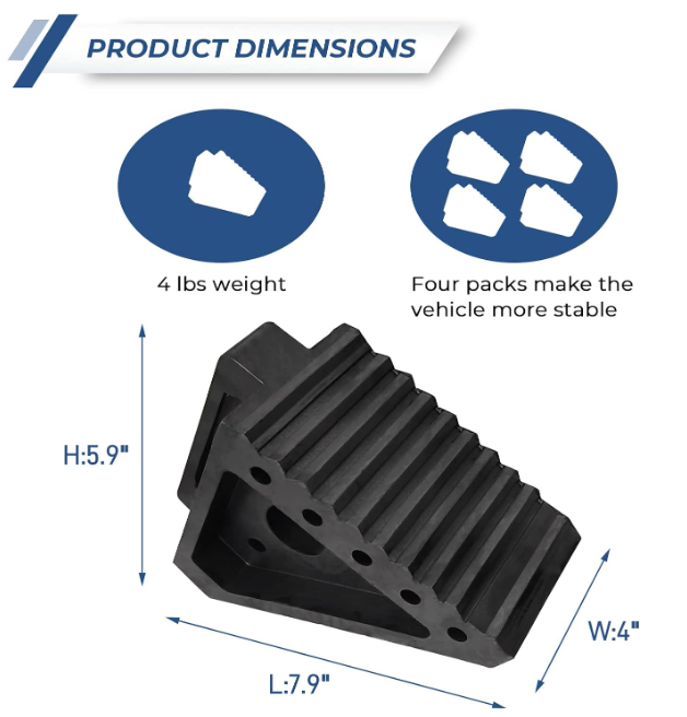Premium 4-Pack Rubber Wheel Chocks for Car, RV, Truck & ATV - 8x4x6 Black
