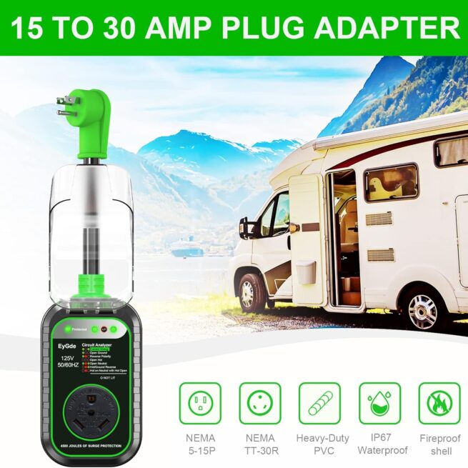 EyGde 30A RV Adapter: Surge Protector, Patented Male to Female Plug
