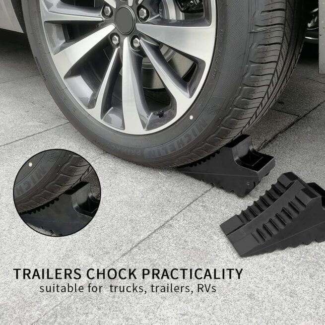 Heavy Duty Rubber Wheel Chocks - 2 Pack Black, 8.6" x 3.7" x 4.7" - Car, RV, Truck
