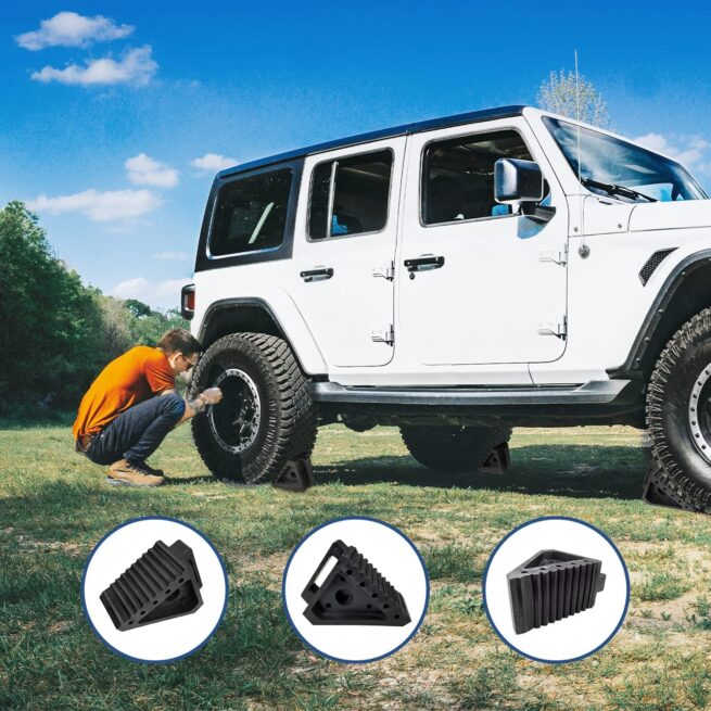 Premium 4-Pack Rubber Wheel Chocks for Car, RV, Truck & ATV - 8x4x6 Black