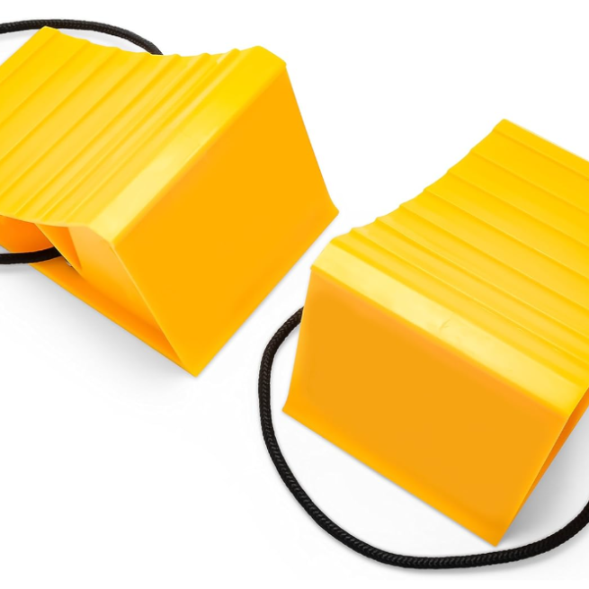 Camco Wheel Chock w/ Rope: Secure Trailer/RV, Easy Removal, Pack of 2 - 44471, Yellow